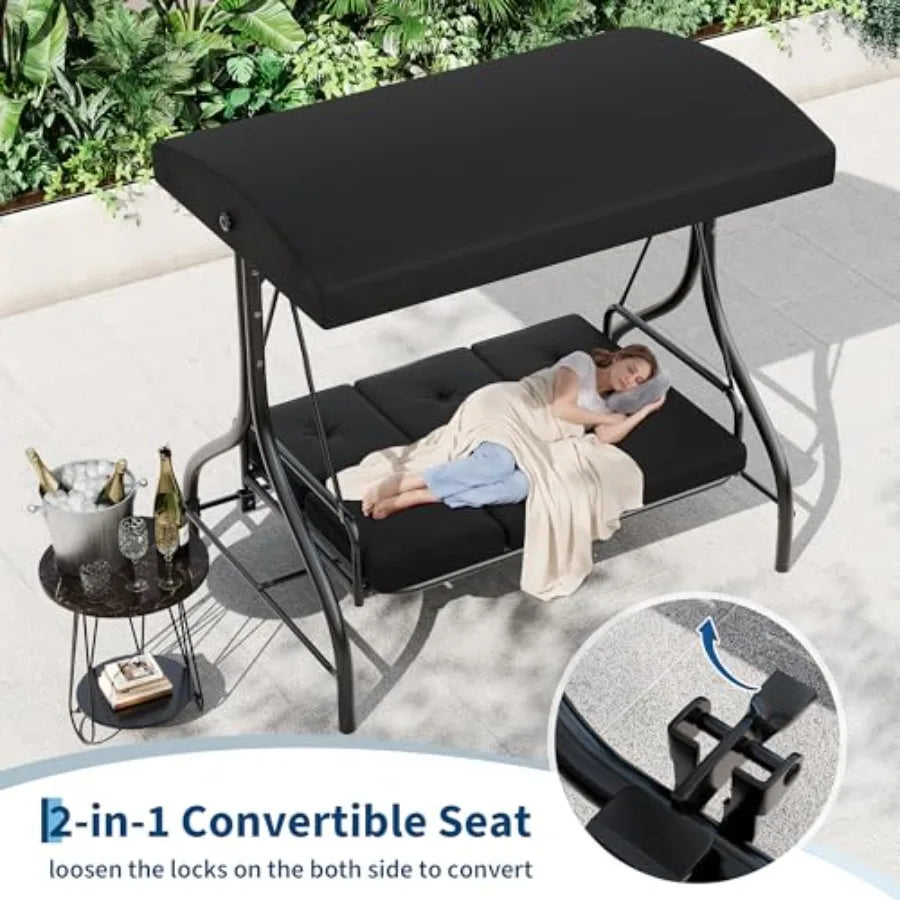 3 Seater Outdoor Porch Swing with Stand for Adults, 2-in-1 Convertible Design Patio Swing, Thick Soft Cushion and Adjustable Re