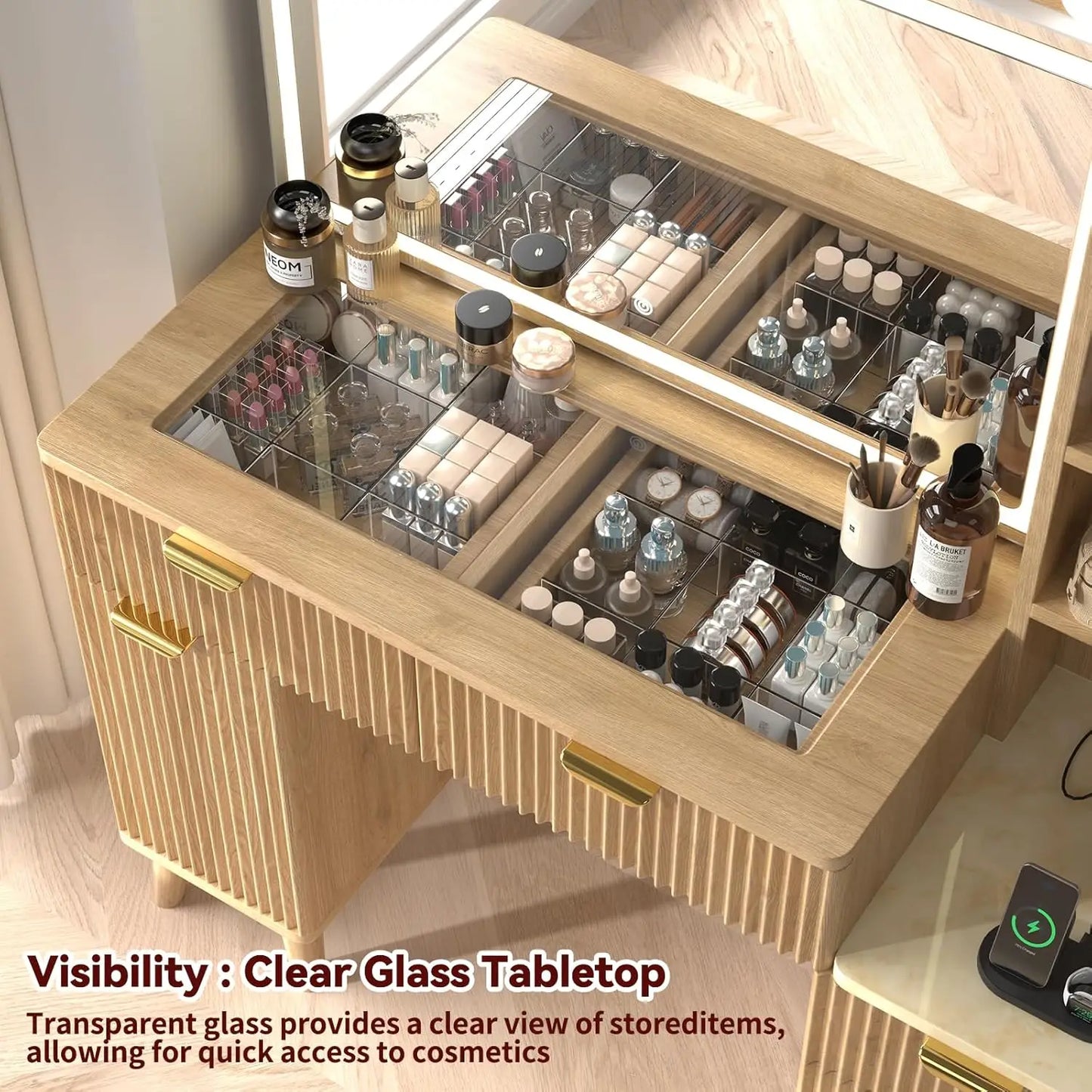 47" Fluted Makeup Vanity Desk with 32" Mirror & Lights Charging Station Glass Top 5 Drawers 2 Cabinets Bedroom, Customized