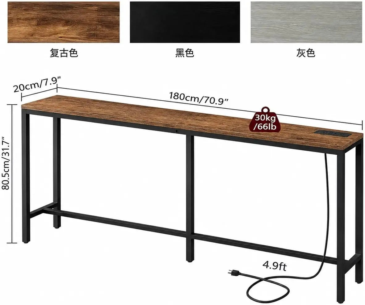 70.9-Inch Console Table with Power Outlet and Charging Station, Narrow Sofa Table, Skinny Behind Couch Table for Entryway, Hallway, Foyer, Living Room, Rustic Brown