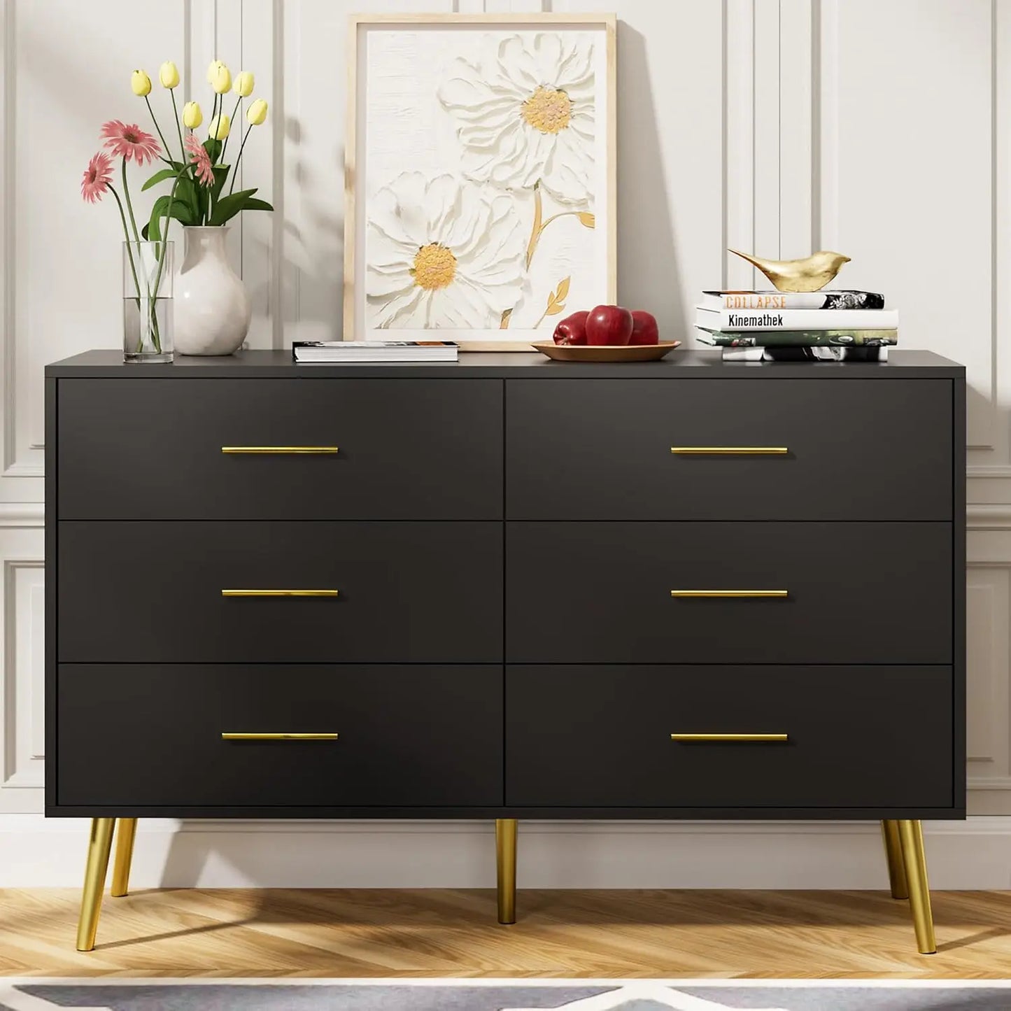 White 6 Drawer Dresser with Gold Handles Wooden Storage Chest for Bedroom Living Room Hallway,Customized