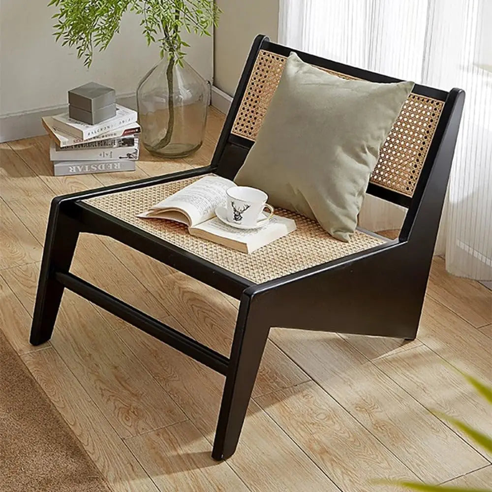 Mid Century Modern Chair Walnut Rattan and Wood Lounge Chairs Armless Accent Chair for Living Room Bedroom, Customized