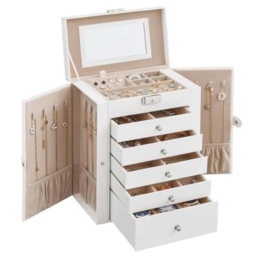 6-Layer Jewelry Box Organizer with 5 Drawers, Jewelry Storage Case with Lock and Mirror, Large Storage Capacity, Gift for Loved
