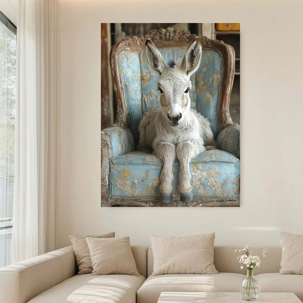 Framed 1pc, With A Frame Measuring , Featuring A Charming Donkey Resting On A Blue Chair, Whimsical Farmhouse Animal Canvas Art