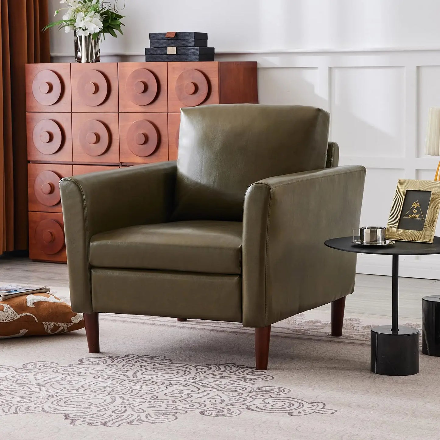Accent Chair for Living Room, Mid Century Modern Upholstered PU Leather Armchair with Rolled Arms and Deep Seat,, Customized