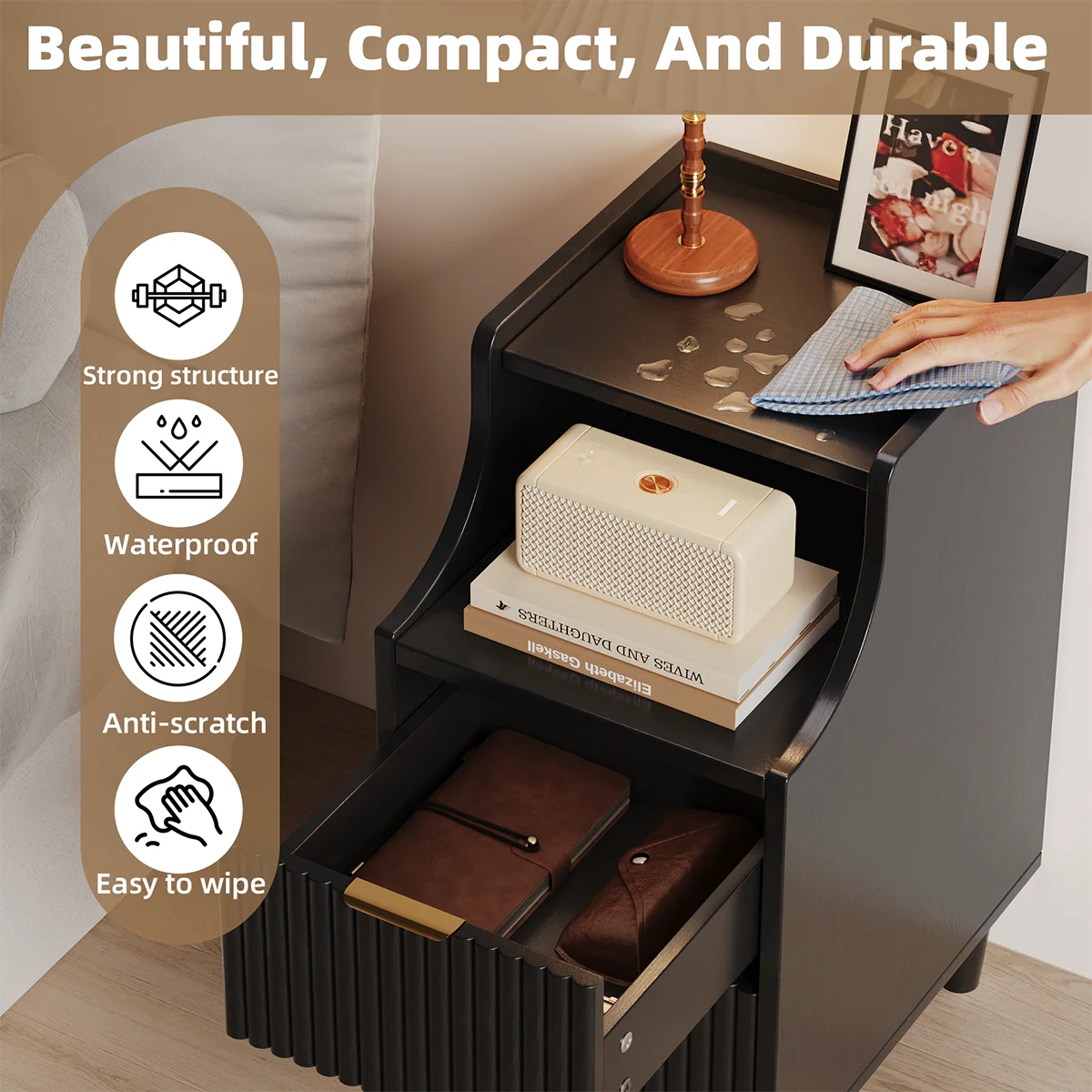 Set of 2, Narrow Nightstand with 2 Drawers, Slim Bedside Table | 11.81"W Modern Nightstand with Open Shelf , Space Saving Storage Cabinet for Bedroom and Study