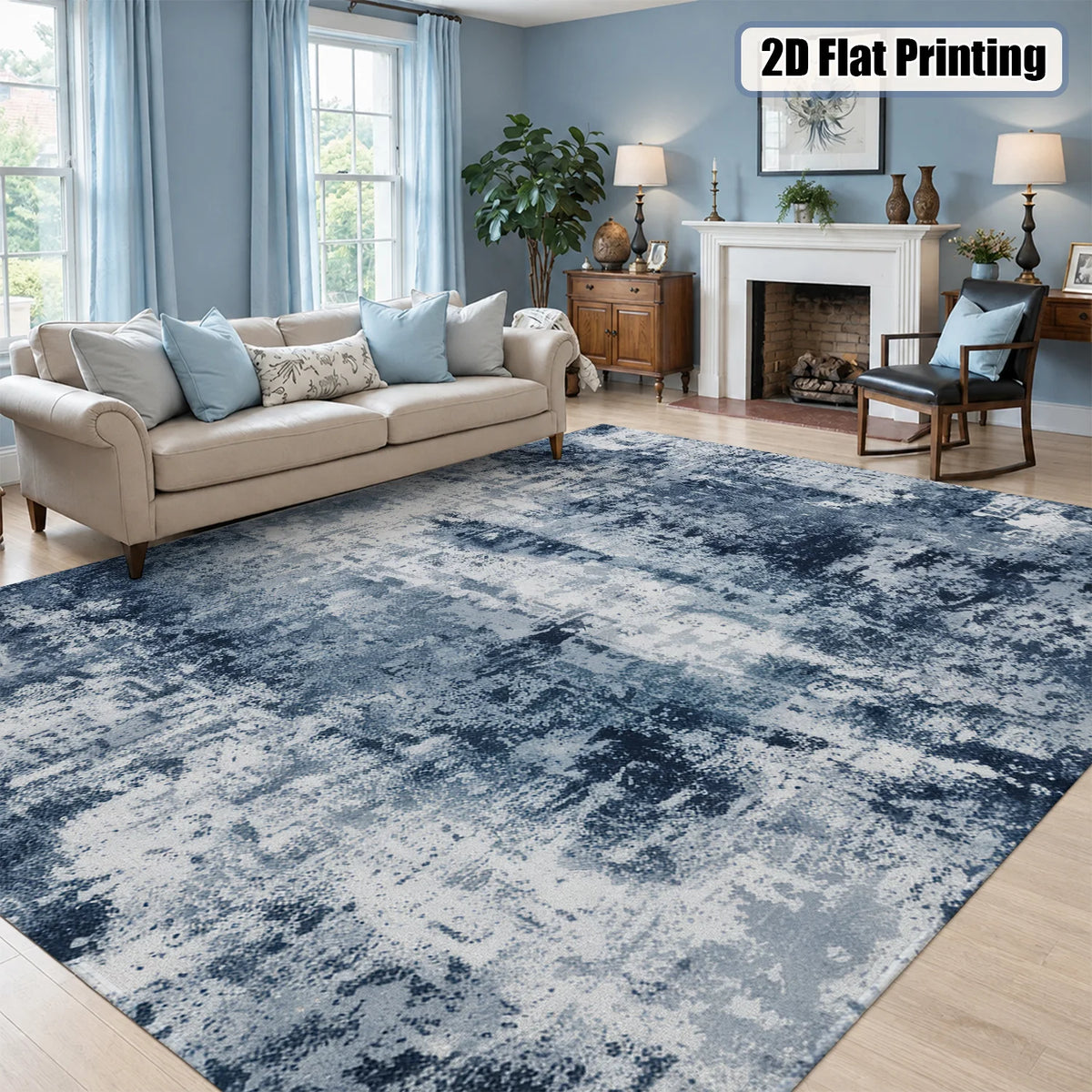 Large Indoor Area Rug, Soft Velvet Low Pile Floor Rug with Non-Slip Dotted Backing, Machine Washable Abstract Blue White Art Pattern Rug for Living Room, Bedroom, Modern Home Decor