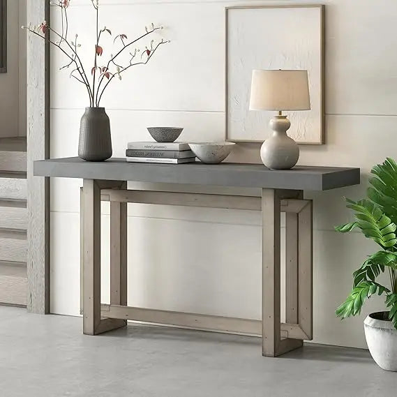Contemporary Console Table with Industrial-Inspired Concrete Wood Top, Minimalist Rectangular Entryway Table for Hallway