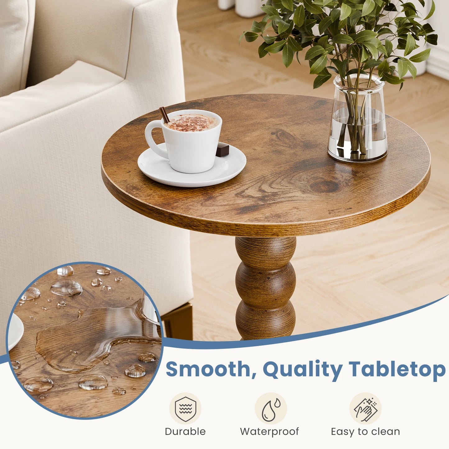 JHK 12IN Round Side Table Coffee Tables For Living Room End Table with Solid Wood Leg Storage Shelf for Home Small Spaces