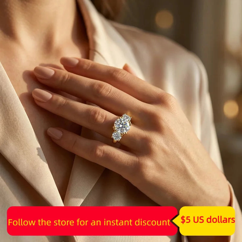 Moissanite Three Stone Ring In Sterling Silver With Gold Plating