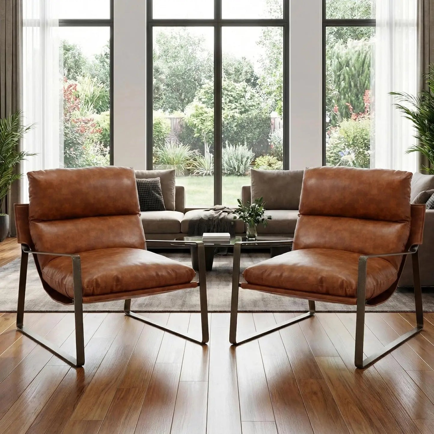 PU Leather Accent Armchair Set of 2 Upholstered Soft Metal Legs Removable Cushion Lounge Chair Living Room Bedroom , Custom