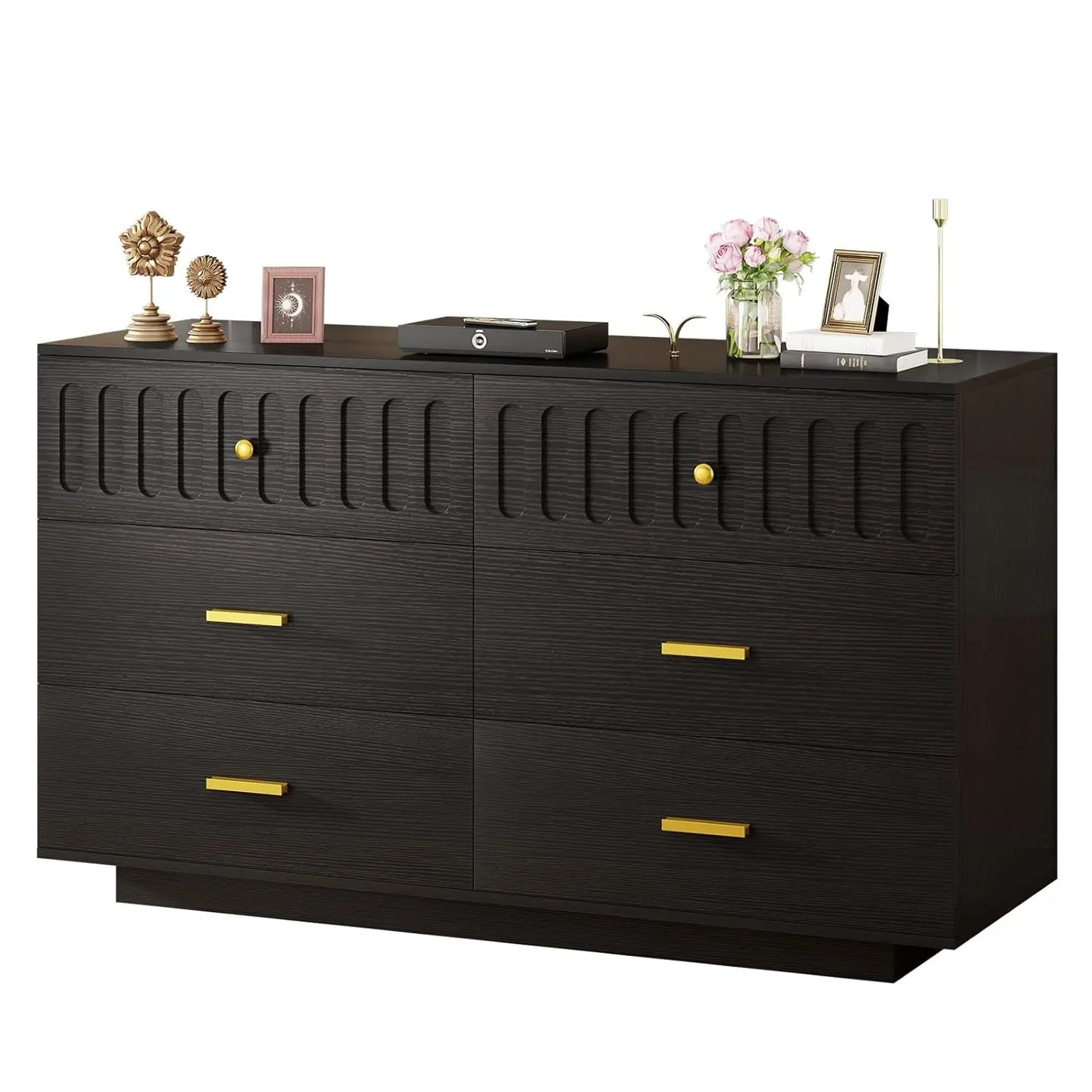 Farmhouse 6-Drawer Wood Dresser Fluted Anti-Tip Bedroom Living Room Hallway Entryway Nursery Rustic Oak, Customized