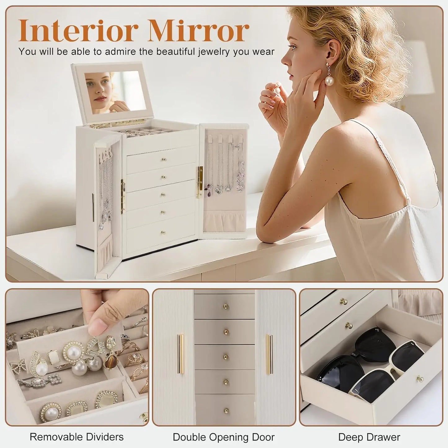 Large Jewelry Organizer Box, Jewelry Boxes for Women Girls, 6-Tier Jewelry Storage Organizer with Mirror for Necklace Ring Bracelet Watch, Gift Idea (Beige)