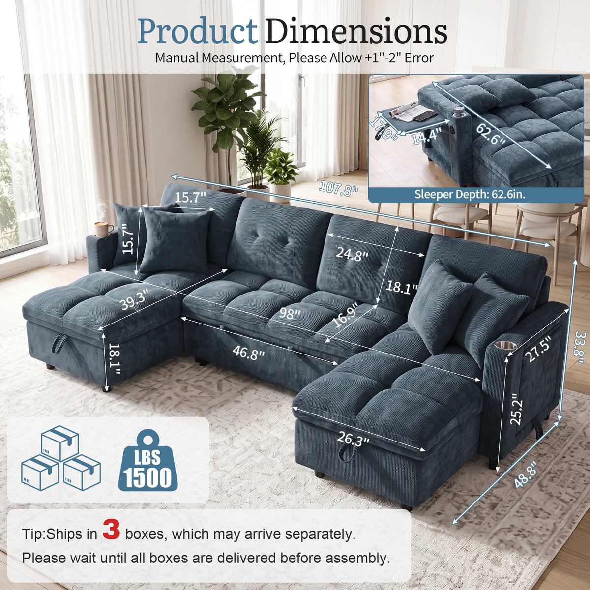 Convertible U-Shaped Sleeper Sofa, 107.8" 2-in-1 Pull Out Bed Sectional with Double Storage Chaise, Charging Station and Cup Holders, Chenille Fabric Couch for Living Room, Blue