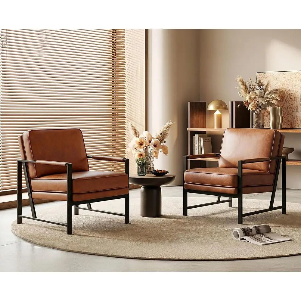 Set o 2 Accent Chairs or Living Room, Oversized aux Leather Chair, Century ern Reading Chair or Bedroom Waiting Room, Light Brow