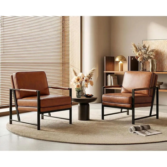Set o 2 Accent Chairs or Living Room, Oversized aux Leather Chair, Century ern Reading Chair or Bedroom Waiting Room, Light Brow