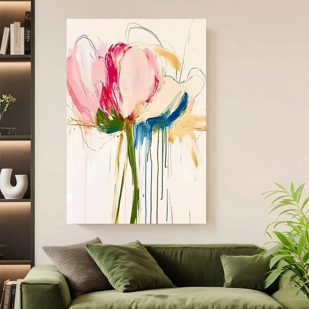 Framed 2D Flat S Colorful Abstract Floral Wall Art With Wooden Frame - Canvas, Pink, Blue, And Green Flower Designs For Bedroom,