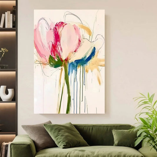 Framed 2D Flat S Colorful Abstract Floral Wall Art With Wooden Frame - Canvas, Pink, Blue, And Green Flower Designs For Bedroom,