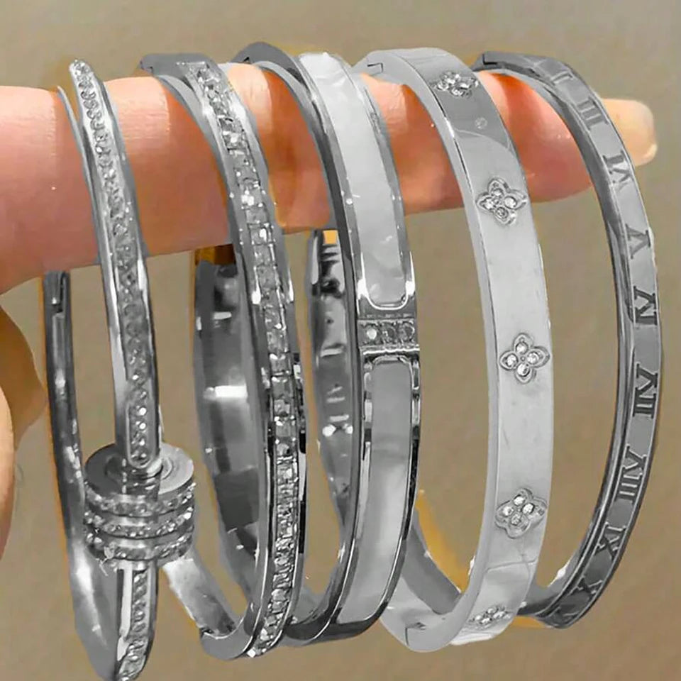 Sparkling Zirconia Inlaid Stainless Steel Bracelet Set For Women