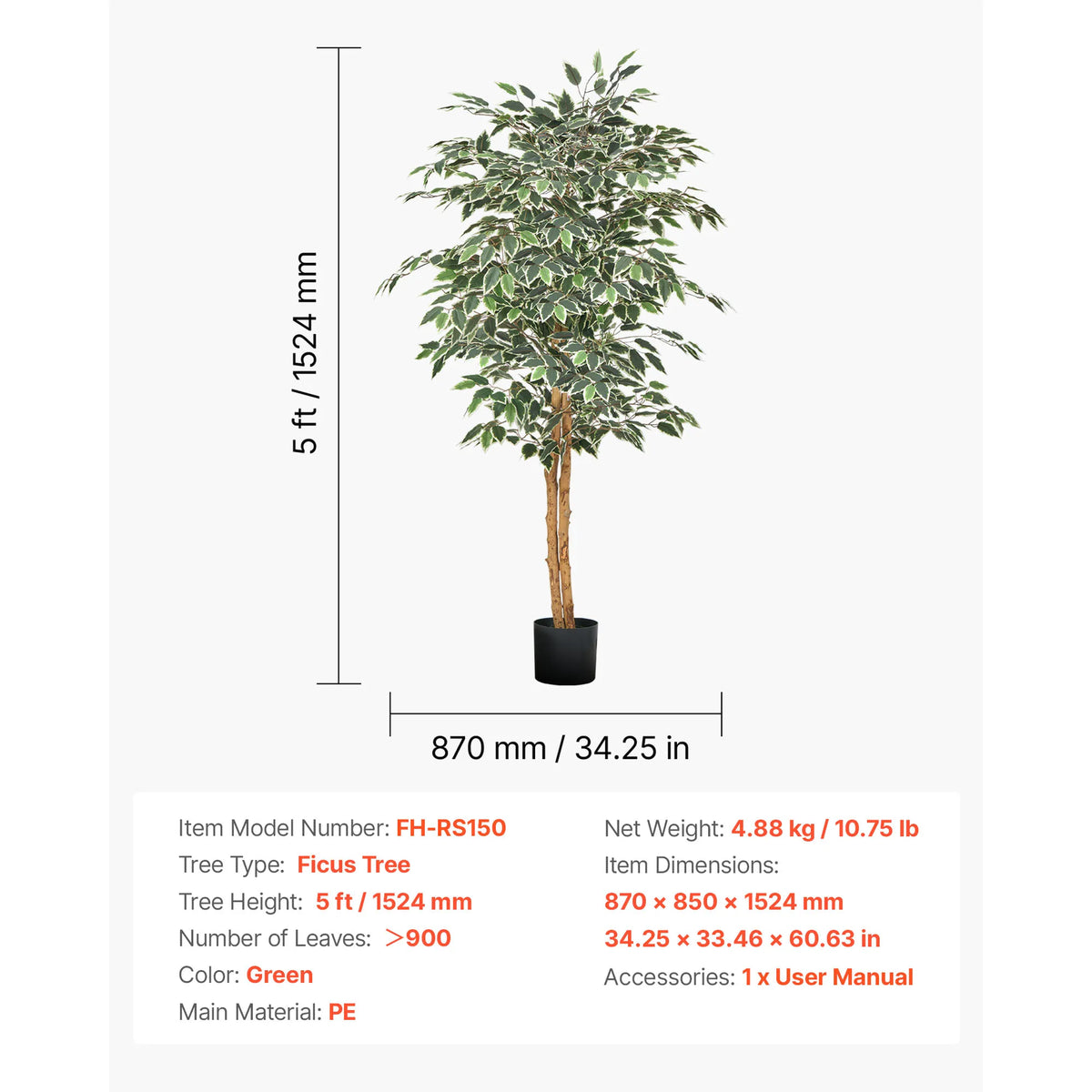 VEVOR 5/6/7/8FT Artificial Tree Tall Faux Ficus Plant with Natural Wood Trunk and Realistic Green Leaves for Home Living Room