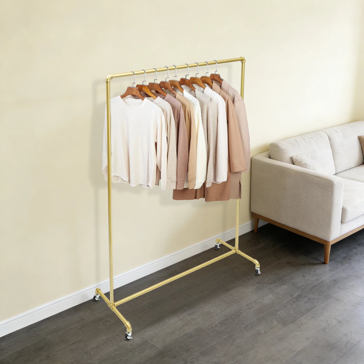 Garment Rack Clothes Display Stand 100lbs Load 120*40*160cm Gold with 4 Casters Brakes for Clothing Store Boutique Bedroom Hallway