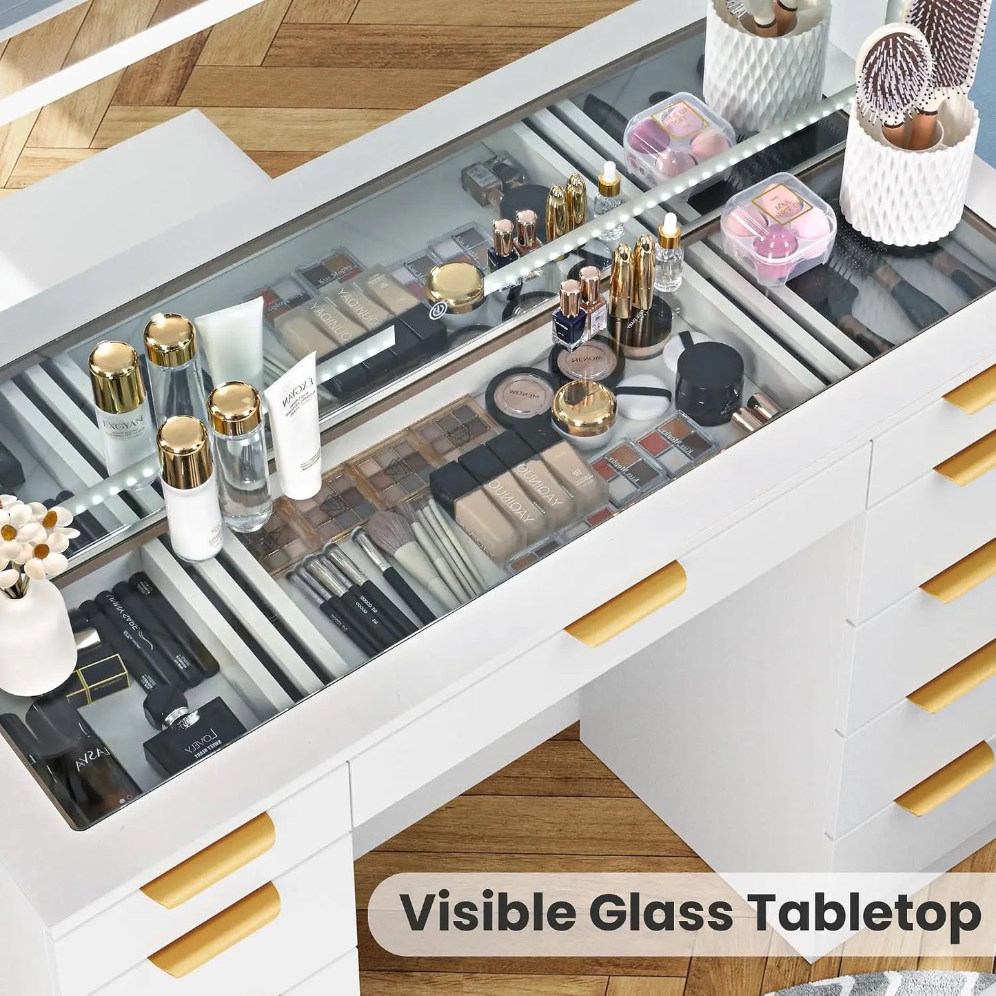 Glass Top Vanity Desk with Mirror and Lights, 11 Drawers Makeup Vanity with Charging Station and Chair, Golden, Customized