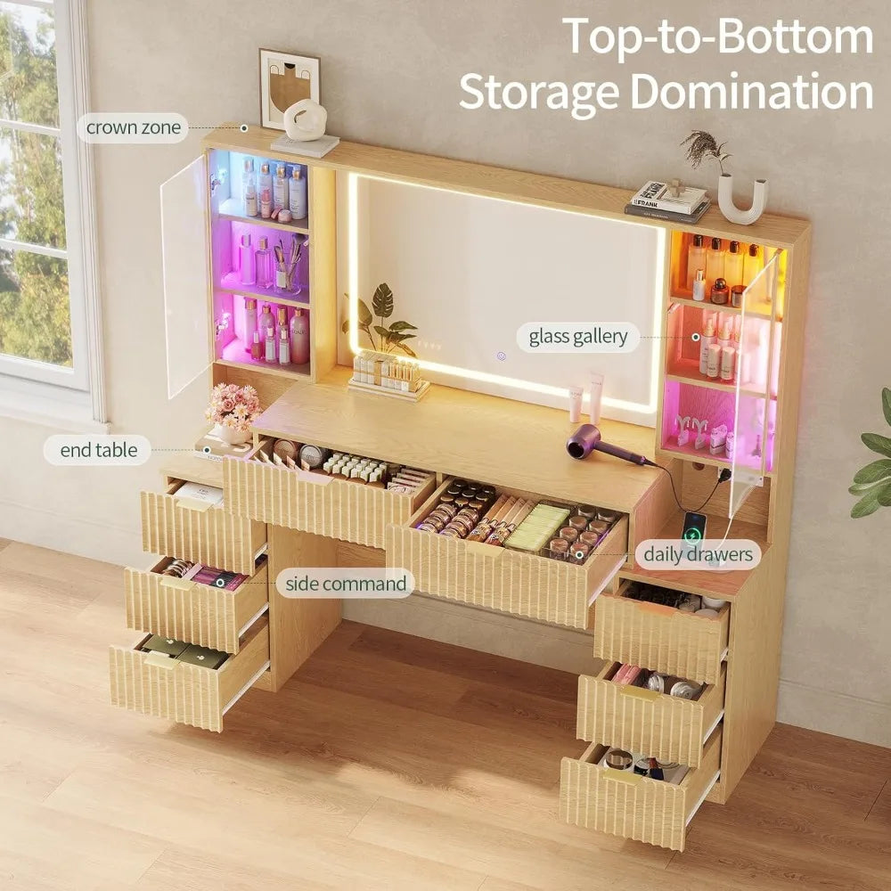 Large Fluted Wood Vanity Desk with Mirror LED Lights 8 Drawers Charging Station Bedroom 59.1in Oak Customized