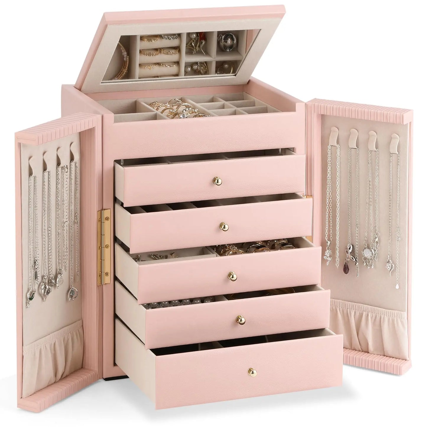 Large Jewelry Organizer Box, Jewelry Boxes for Women Girls, 6-Tier Jewelry Storage Organizer with Mirror for Necklace Ring Bracelet Watch, Gift Idea (Beige)