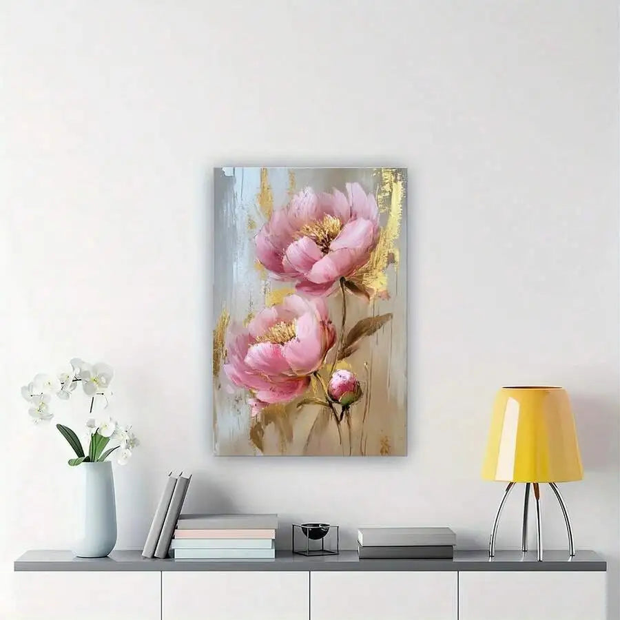 Canvas Peonies Painting With Foil Accents In Wooden Frame