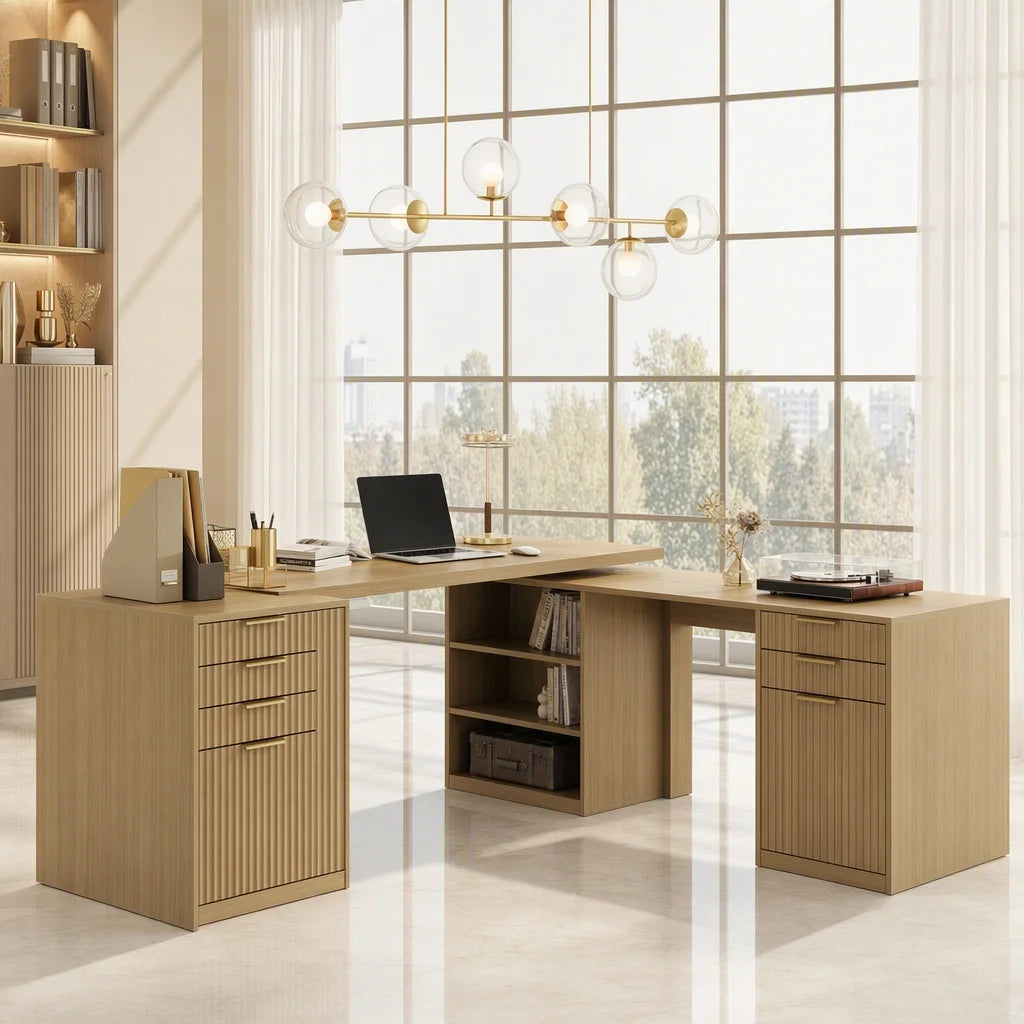 L Shaped Electric Standing Desk, 81'' x 68" Executive Height Adjustable Desk with Drawers and File Cabinet, AC/USB, Fluted Computer Desk with Storage Shelves for Home Office