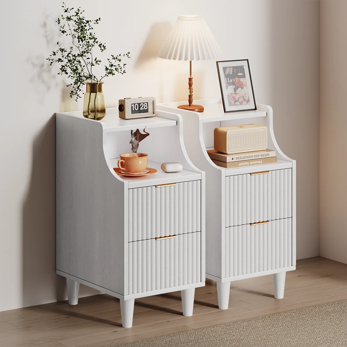 Set of 2, Narrow Nightstand with 2 Drawers, Slim Bedside Table | 11.81"W Modern Nightstand with Open Shelf , Space Saving Storage Cabinet for Bedroom and Study