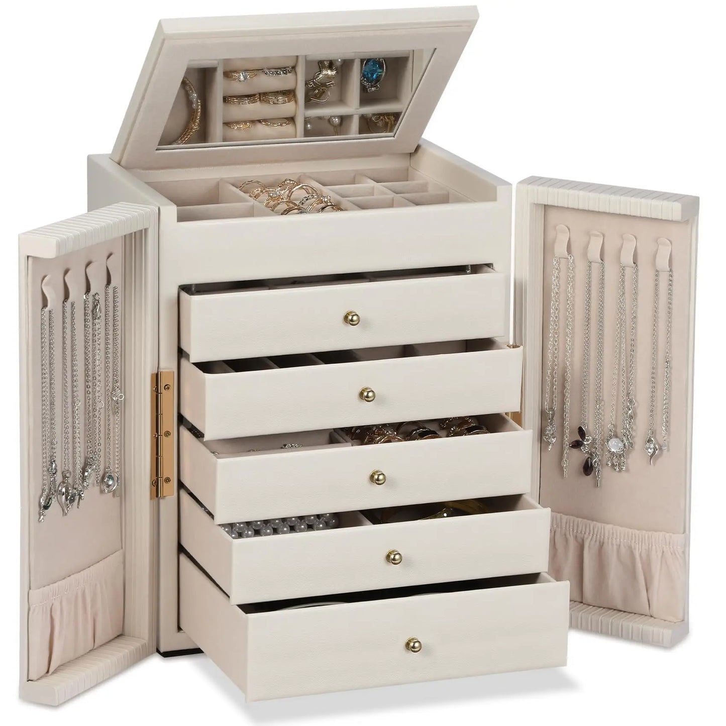 Large Jewelry Organizer Box, Jewelry Boxes for Women Girls, 6-Tier Jewelry Storage Organizer with Mirror for Necklace Ring Bracelet Watch, Gift Idea (Beige)