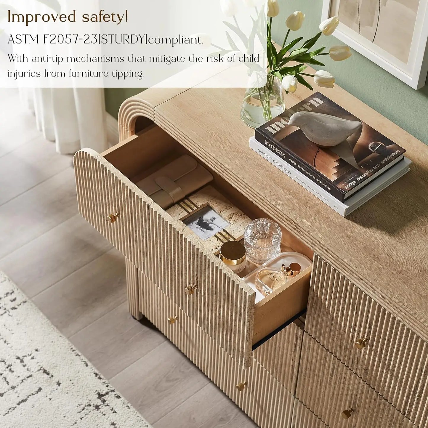 Fluted 6 Drawer Dresser Bedroom 54in Wide Curved Profile Wood TV Stand Living Room Hallway Oak, Customized