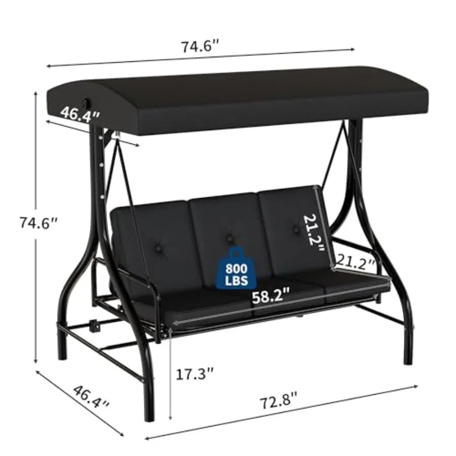 3 Seater Outdoor Porch Swing with Stand for Adults, 2-in-1 Convertible Design Patio Swing, Thick Soft Cushion and Adjustable Re