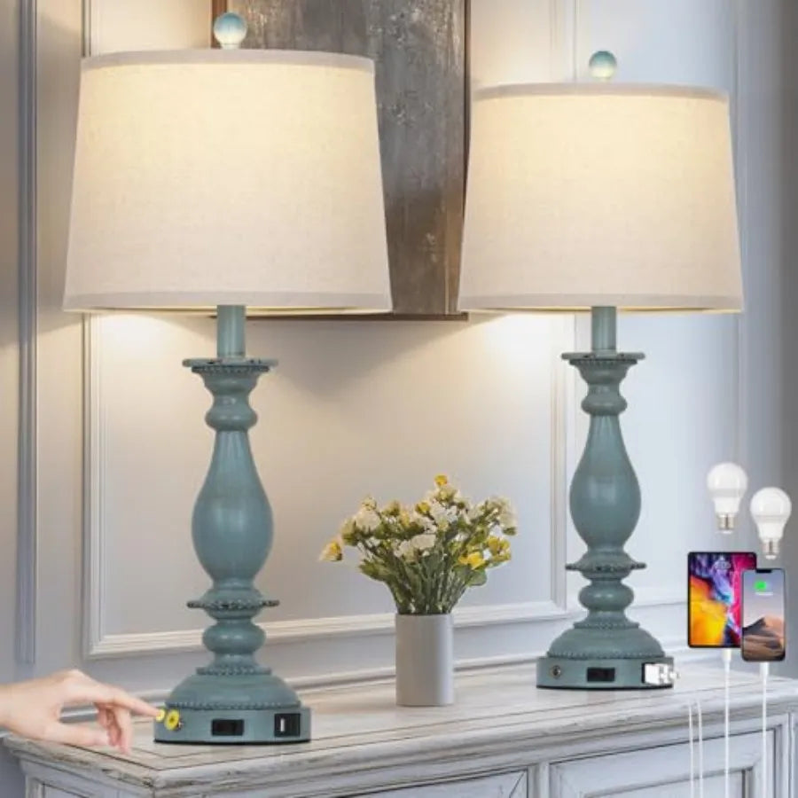 Rustic Farmhouse Table Lamps With Night Light, Set of Two