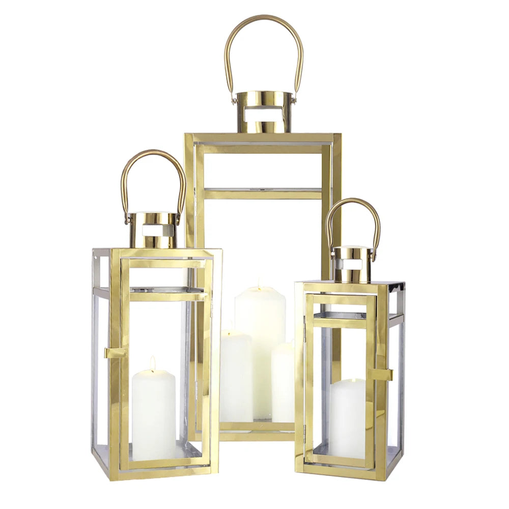 NEWIMAGE Stainless Steel Lantern Set With Tempered Glass Panels