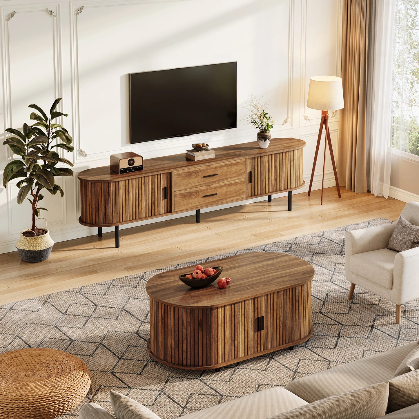 Tribesigns 70" Mid-Century Modern TV Stand with Sliding Tambour Door, Drawers and Adjustable Shelves, Long Fluted Entertainment
