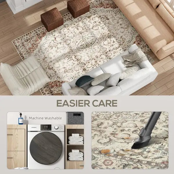 Floral Pattern Non Slip Machine Washable Area Rug For Living Room And Bedroom