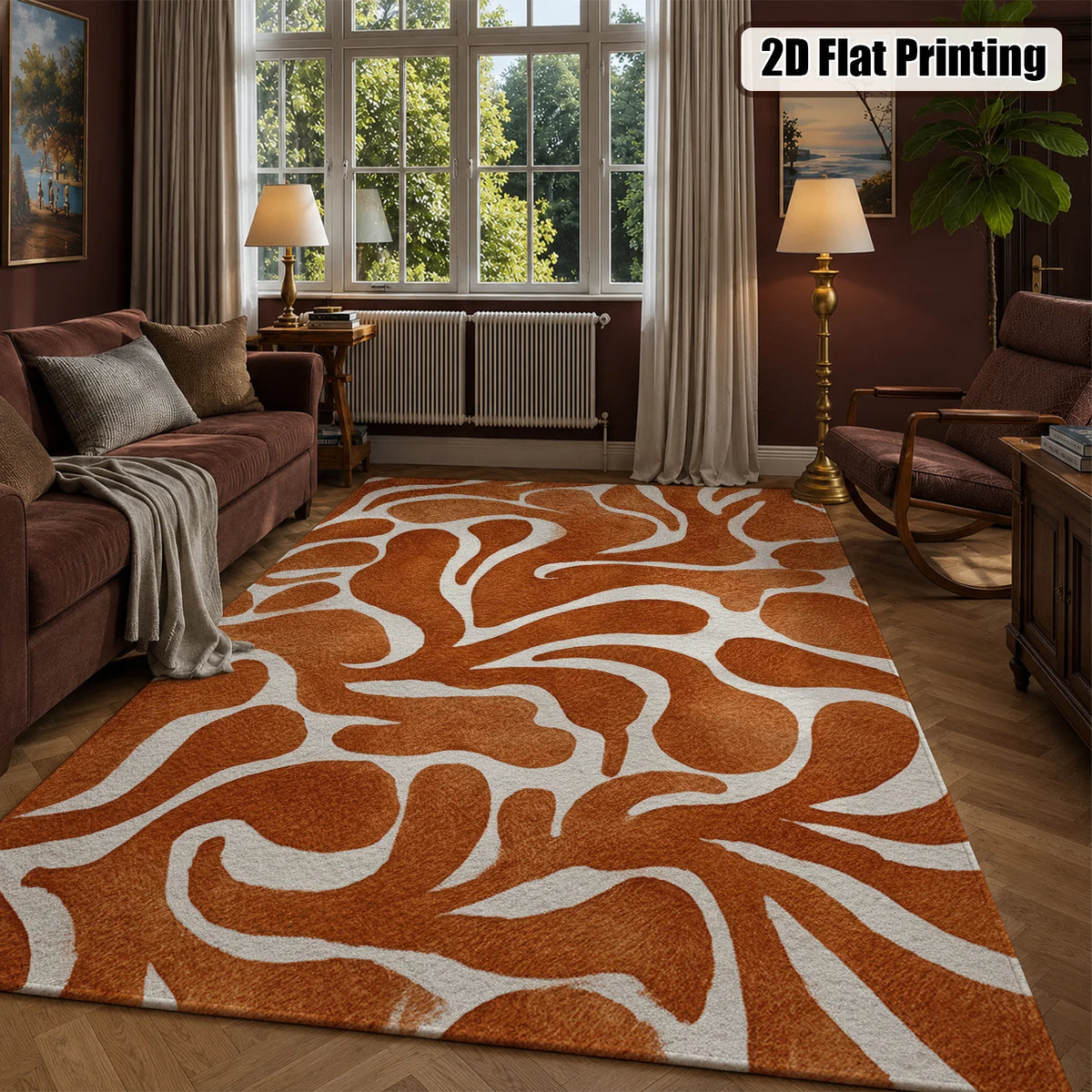 Large Indoor Area Rug, Soft Velvet Low Pile Floor Rug with Non-Slip Dotted Backing, Machine Washable Warm Terracotta Abstract Organic Pattern for Living Room, Bedroom, Entryway