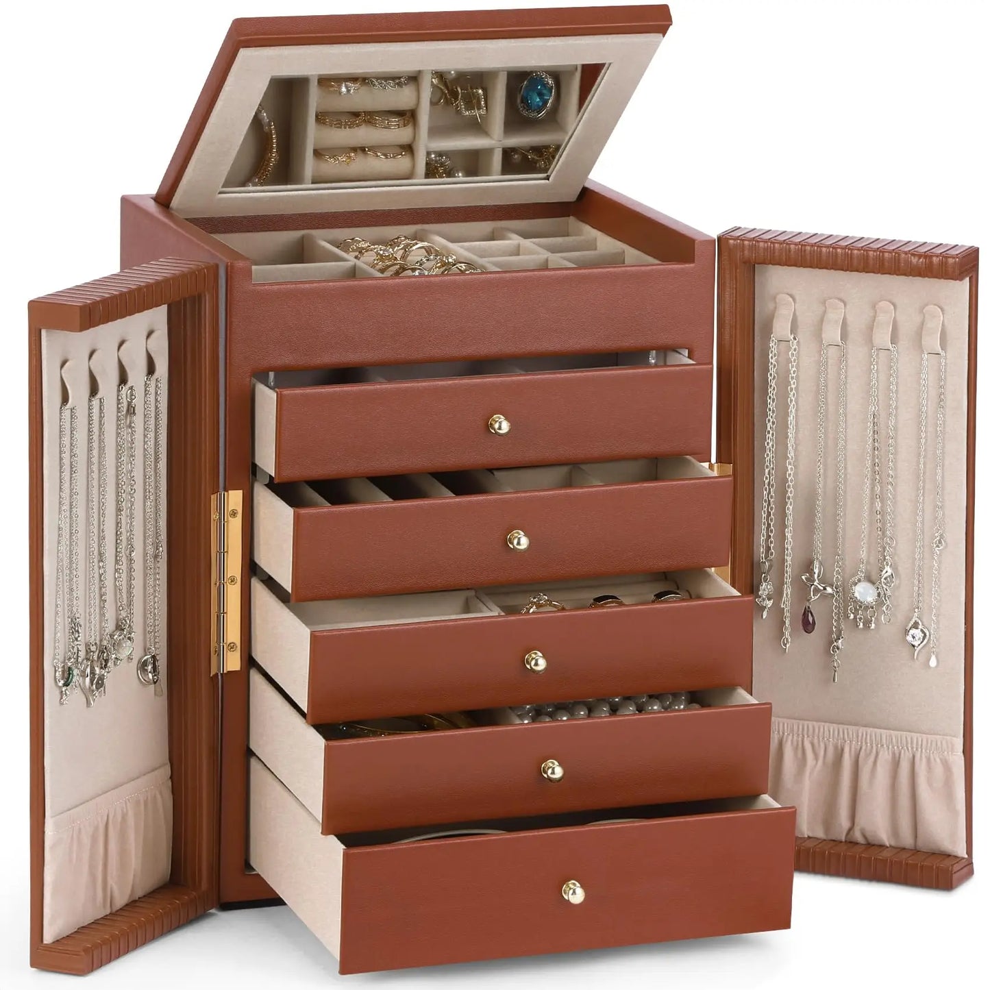 Large Jewelry Organizer Box, Jewelry Boxes for Women Girls, 6-Tier Jewelry Storage Organizer with Mirror for Necklace Ring Bracelet Watch, Gift Idea (Beige)