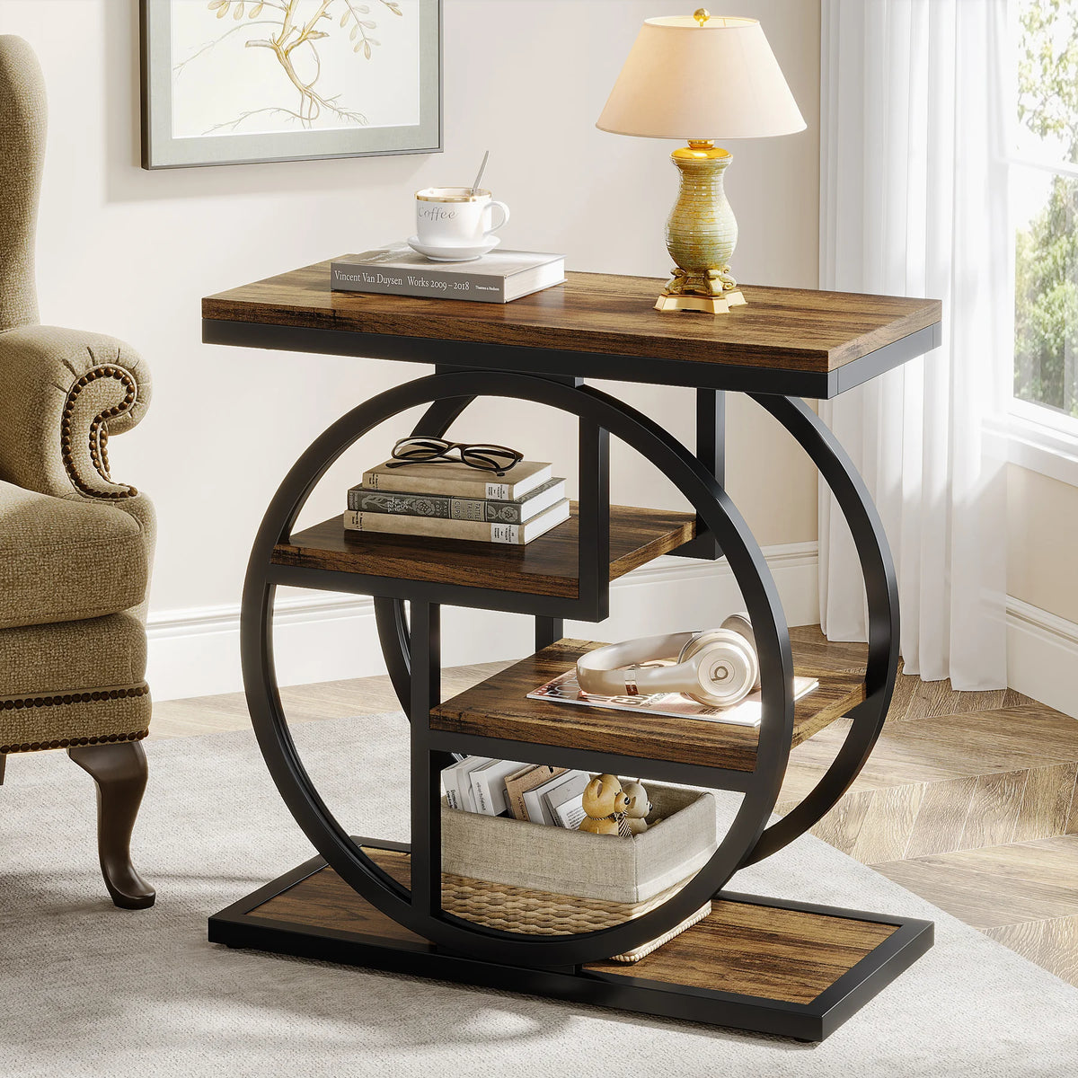 Tribesigns Industrial End Table With 3 Storage Shelves Metal Frame