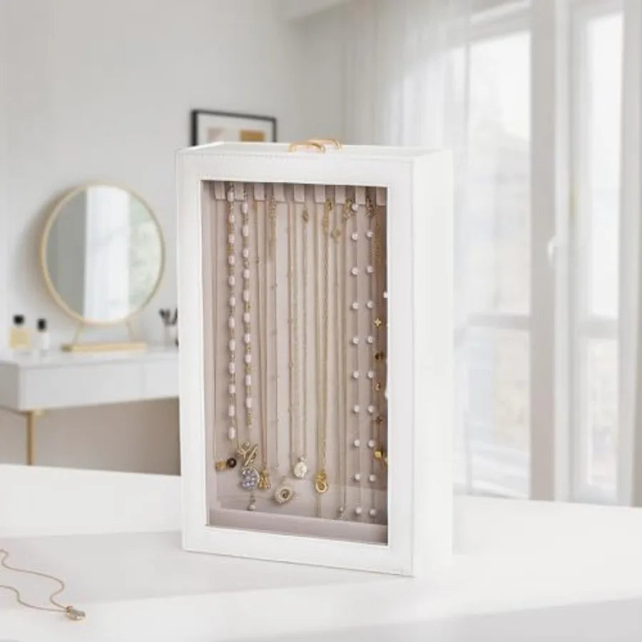Necklace Organizer Box, Jewelry Storage Box with Clear Window for Necklaces Bracelets, Tangle-Free Necklace Display Case for Wo