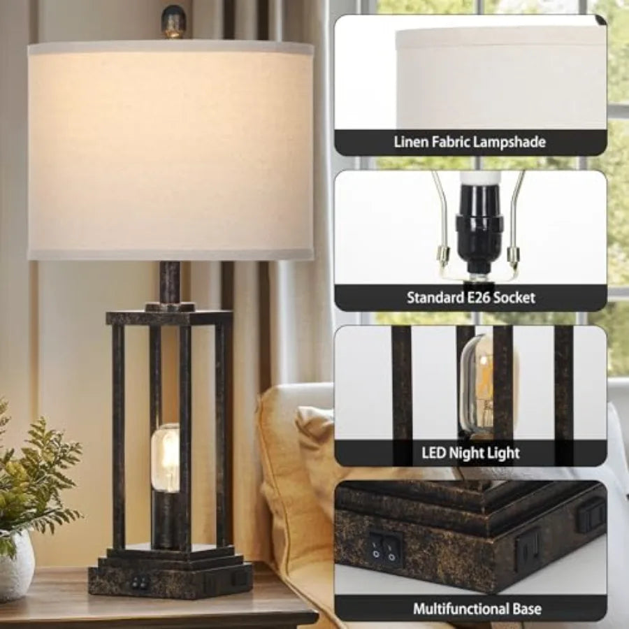 Rustic Farmhouse Table Lamps With Night Light, Set of Two