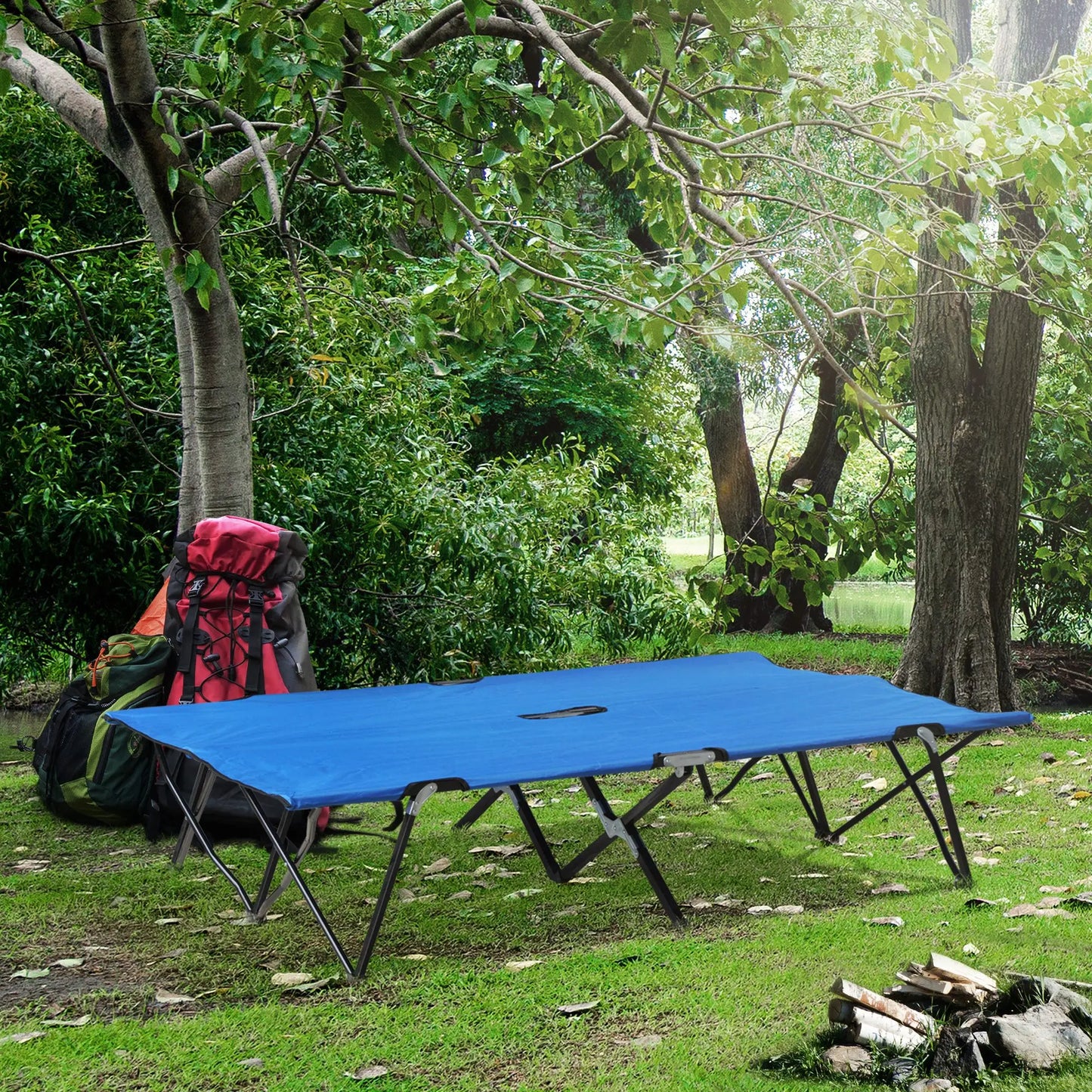Outdoor Double Camping Cot Foldable Bed W/ Portable Travel Bag, 300 Lbs., Blue
