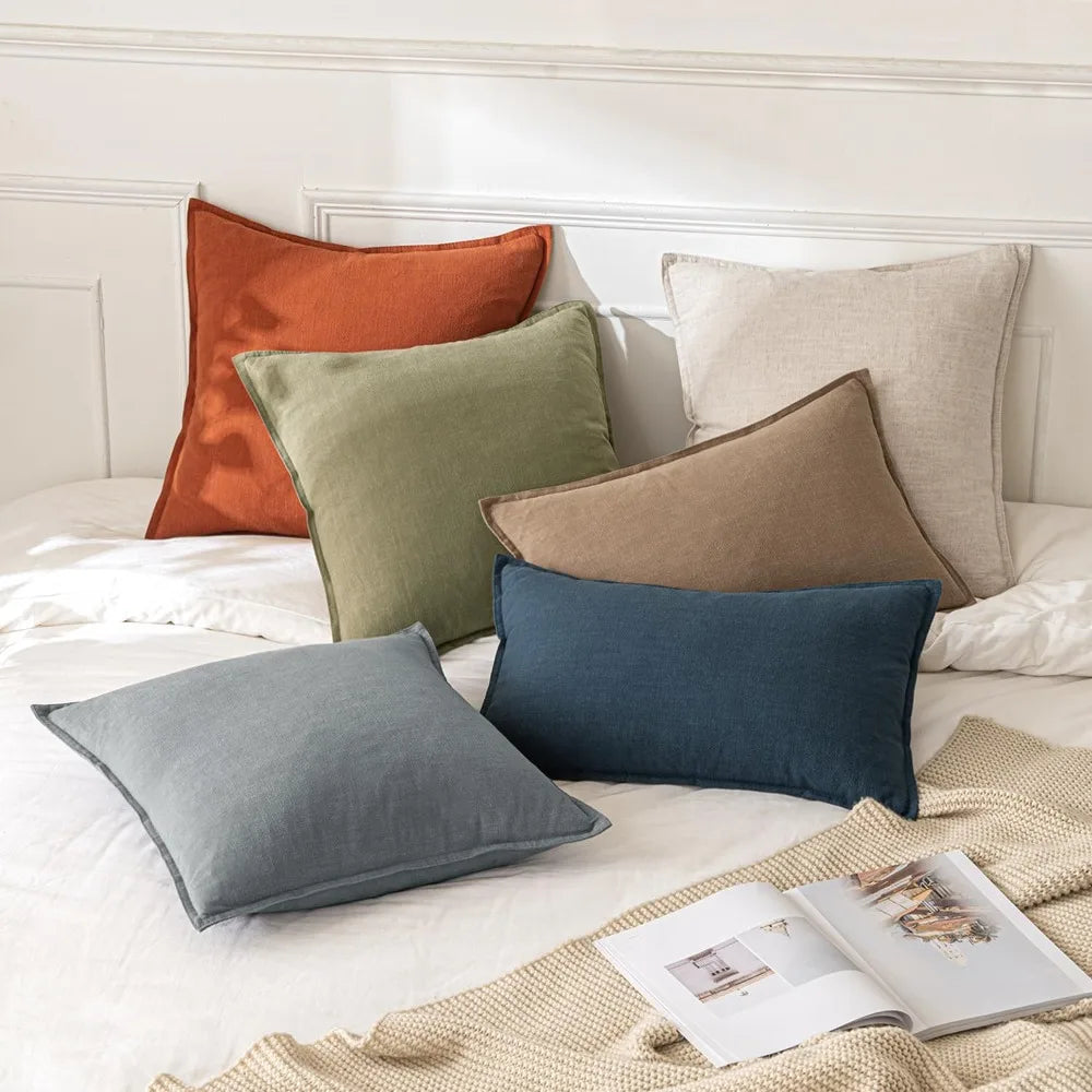 Linen Euro Sham Pillow Covers 24x24, Beige Boho Farmhouse Throw Pillows for Couch, Pack of 2