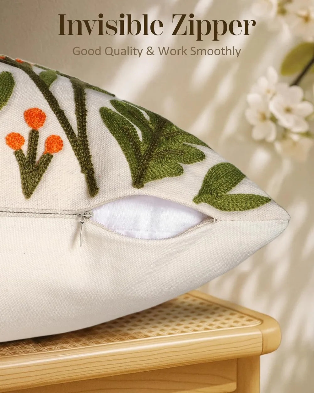 Boho Embroidered Pillow Cover 18x18 - Spring Summer Floral Cushion Case with Zipper for Couch Sofa