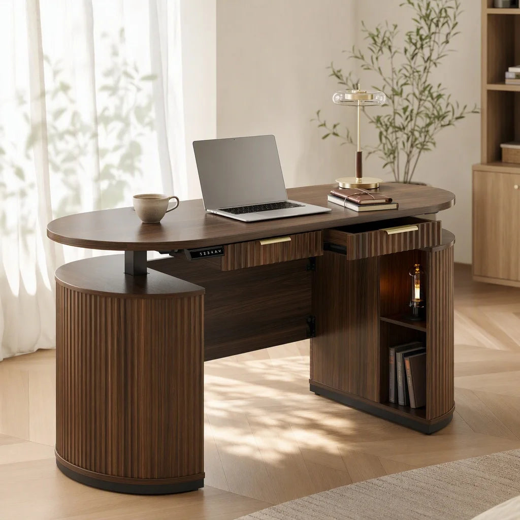 Electric Standing Desk with Storage Drawers, 63'' Executive Height Adjustable Desk with Privacy Panel and Shelves, Wood Fluted Computer Desk for Home Office
