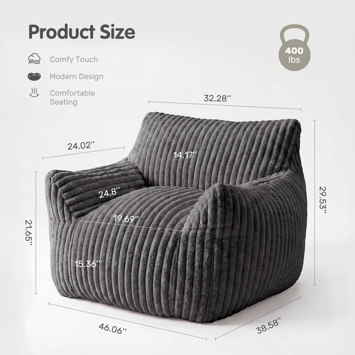 JHK Ergonomic Bean Bag Sofa with Memory Foam Filling For Living Room Modern Corduroy Plush Lounge Chair Comfy Sleeper Chair for Bedroom
