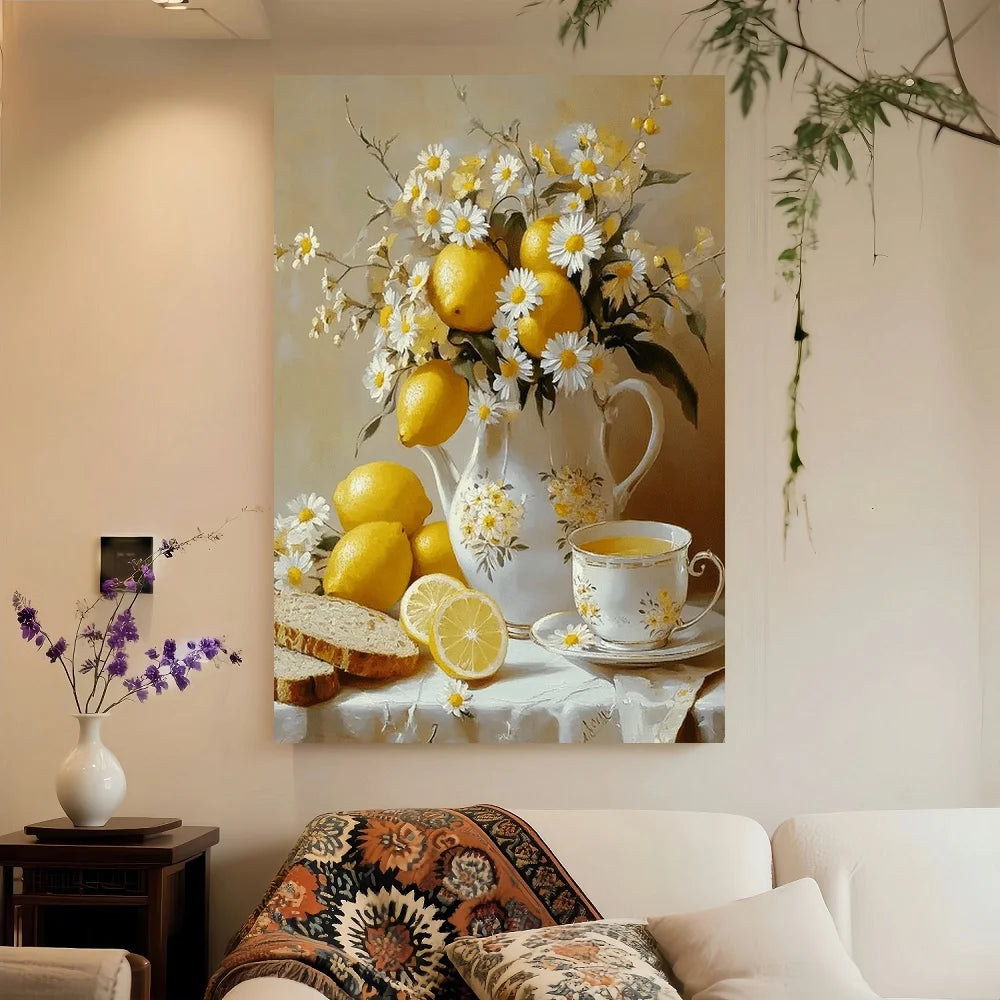 Vintage Framed Floral Wall Art Featuring Lemons and Vase