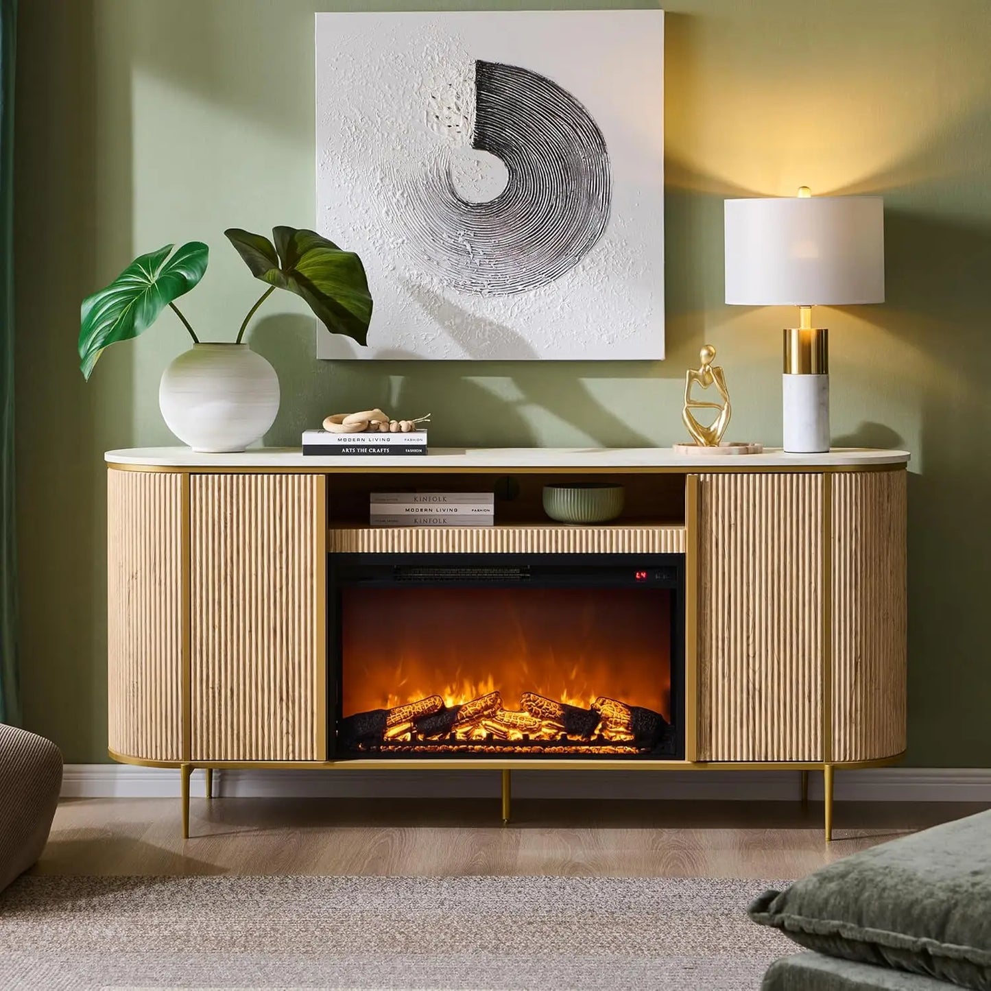 Fluted Fireplace TV Stand With Faux Marble Modern Curved Console
