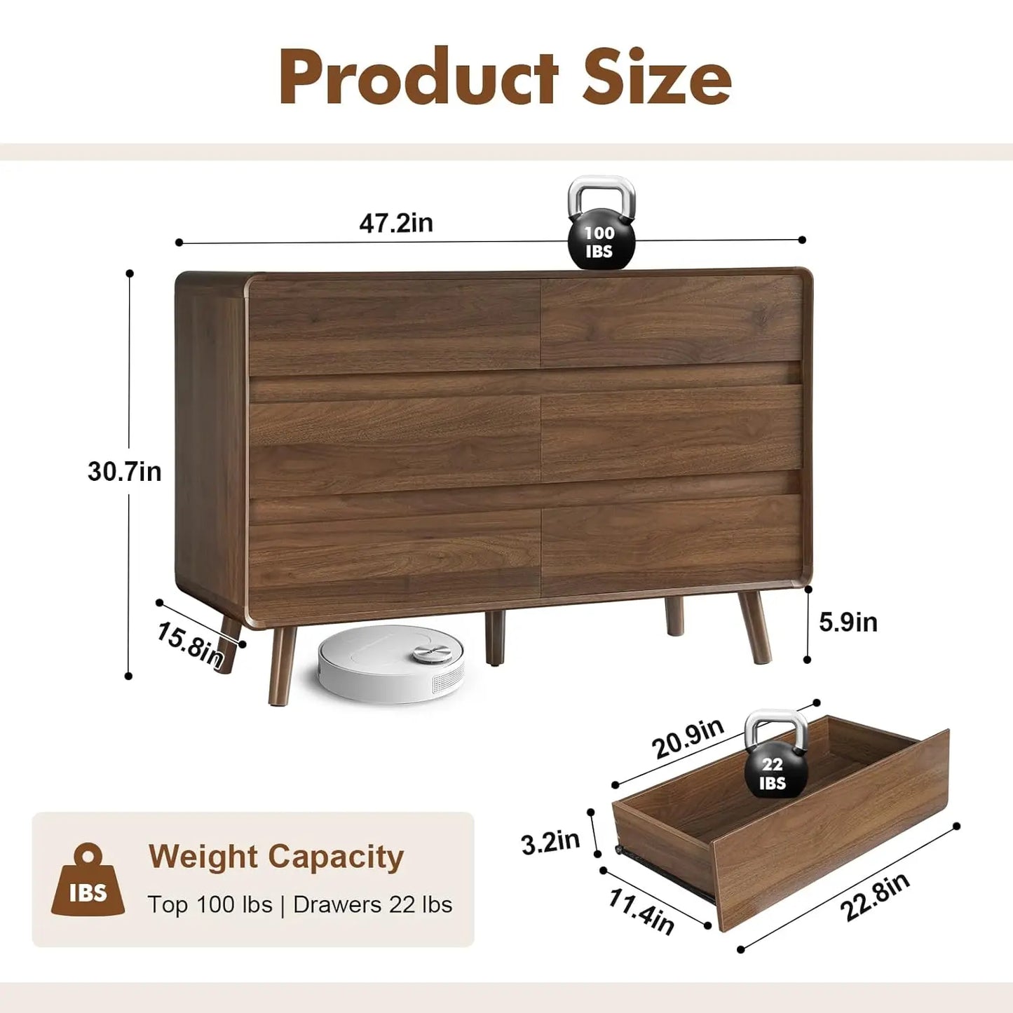 6 Drawer Mid Century Modern Wood Dresser Storage for Bedroom Hallway Entryway Walnut, Customized